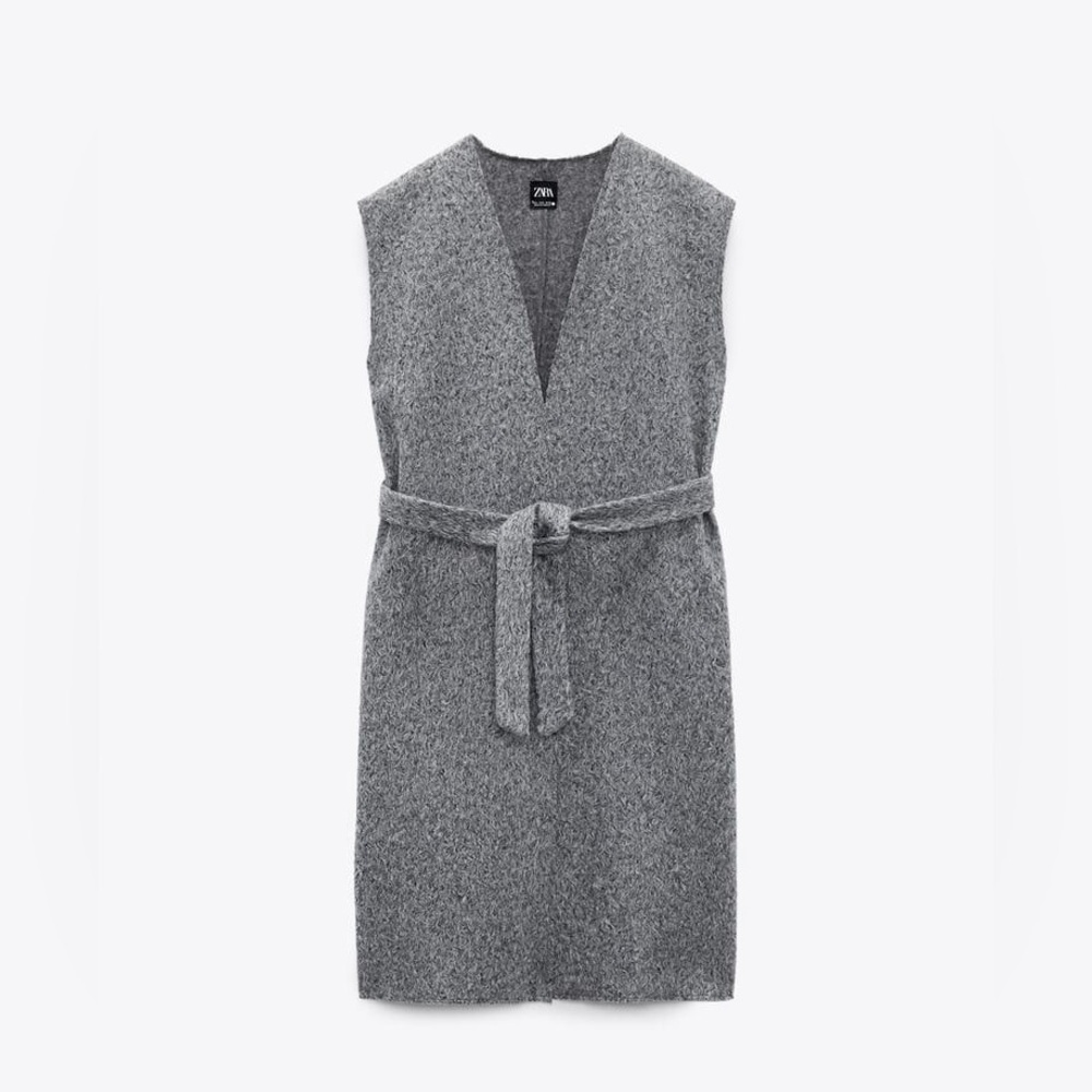 Zara Gray Sleeveless Belted Boucle Long Vest Size Medium